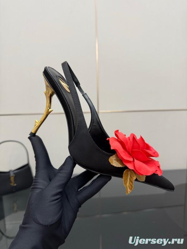 Saint Laurent 2025 SS Rose Thorn High Heels with Sculptural Gold Heel - KFY00320