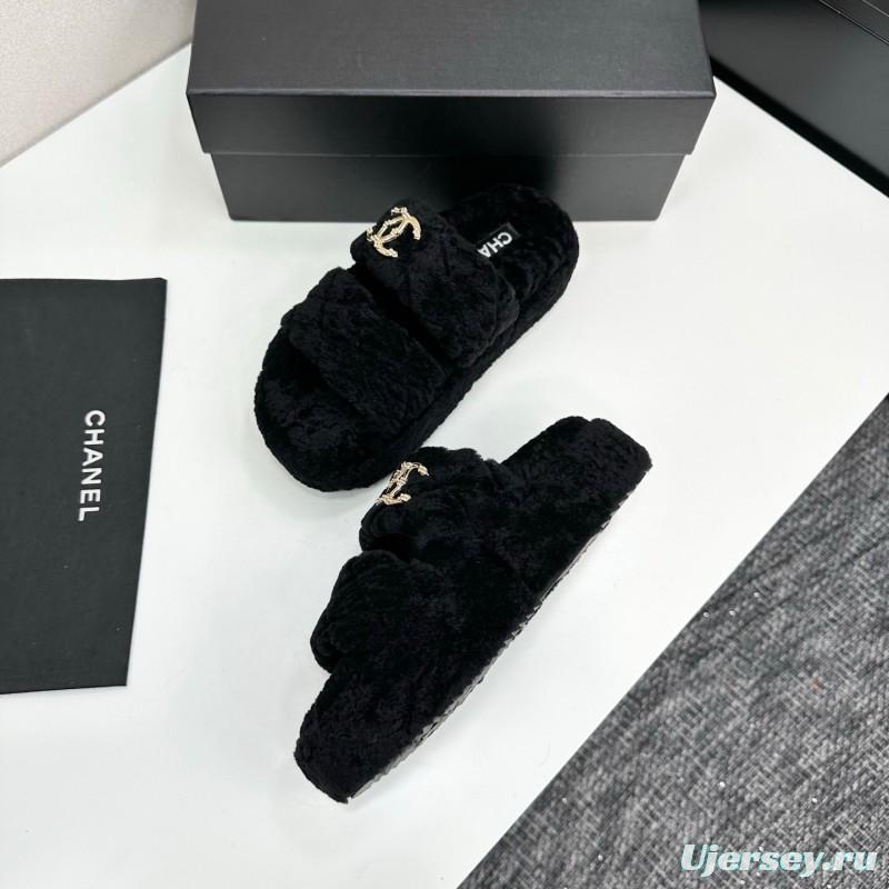 Chanel 2025 SS New Autumn Winter Lazy Sheep Genuine Wool Lazy Slippers Chanel Quilted Platform Fur Slippers - LY00300