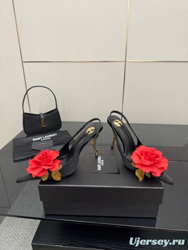 Saint Laurent 2025 SS Rose Thorn High Heels with Sculptural Gold Heel - KFY00320