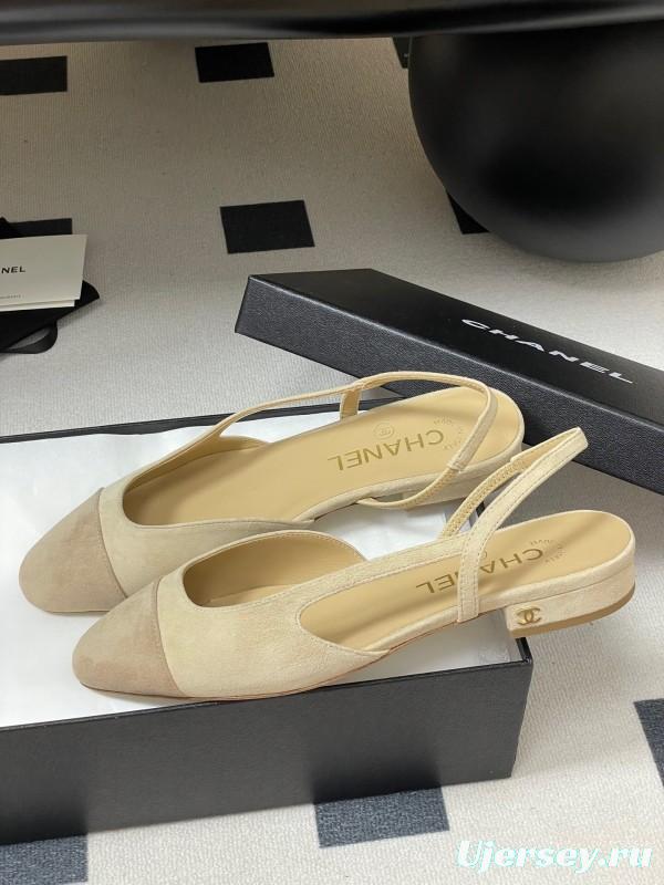Chanel Sling-back Two-Tone Suede Slingback Sandals Flat/Block Heel - KFY00280