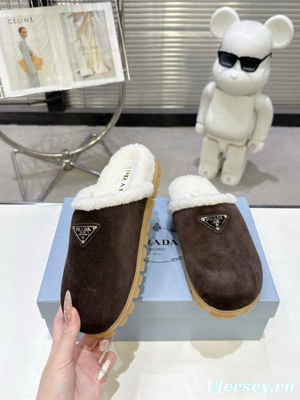 Prada Fall/Winter 2025 New Fur Mule Slippers Triangle Buckle Bread Head Half Slippers - KFY00270