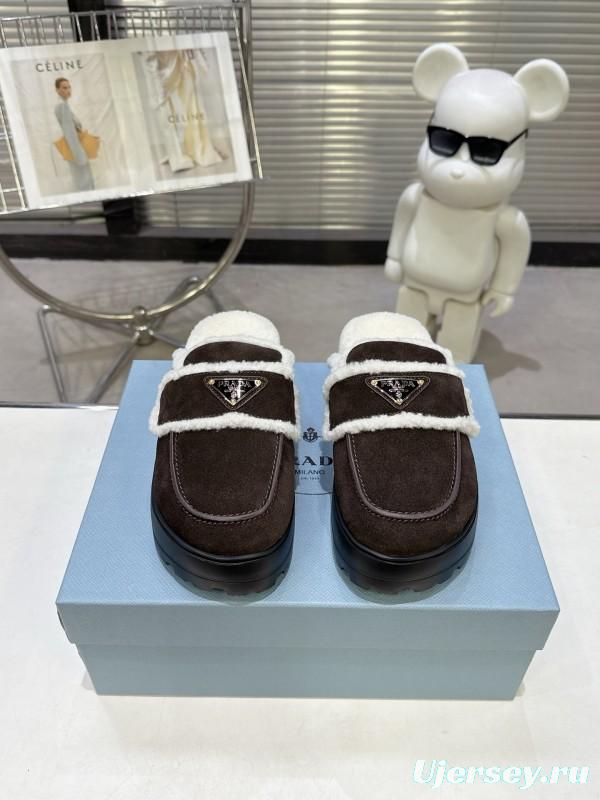 Prada SS25 Early Spring Fur Slippers with Rubber IP Ultra-Light Foam Sole - KFY00280