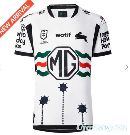 25/26 South Sydney Rabbitohs White with Green Red Stripes and Navy Mace Jersey