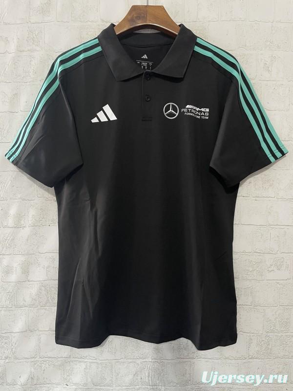 2025 F1 Mercedes-AMG Petronas Formula One Team Black with Turquoise Three Stripes Polo Shirt