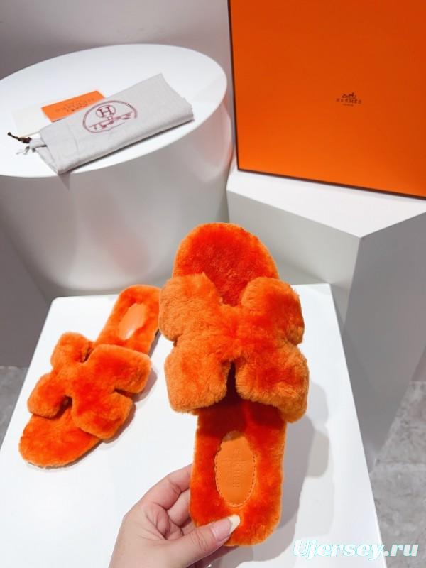 Hermès Teddy Wool H Slippers Flat Sole Fur Slides - LY00240