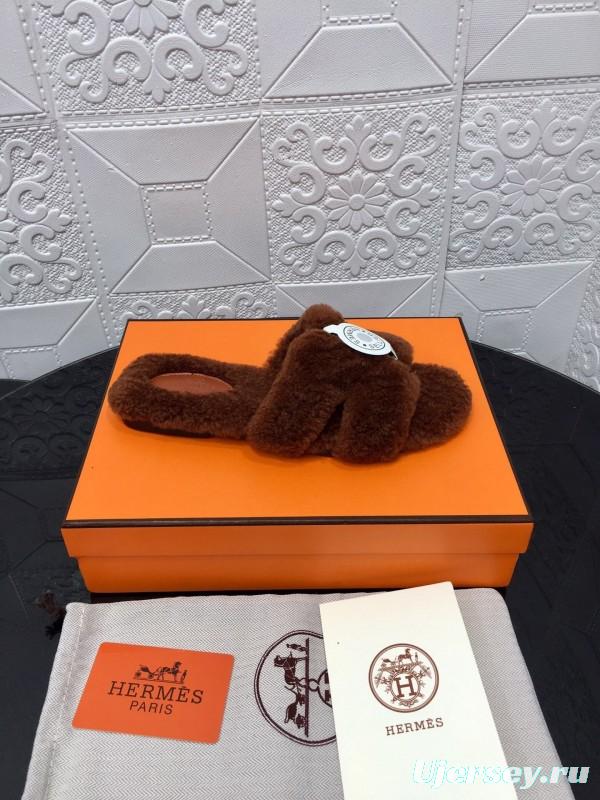 H Teddy Wool H Slippers Flat Sole Winter Fur Slippers - LY00240