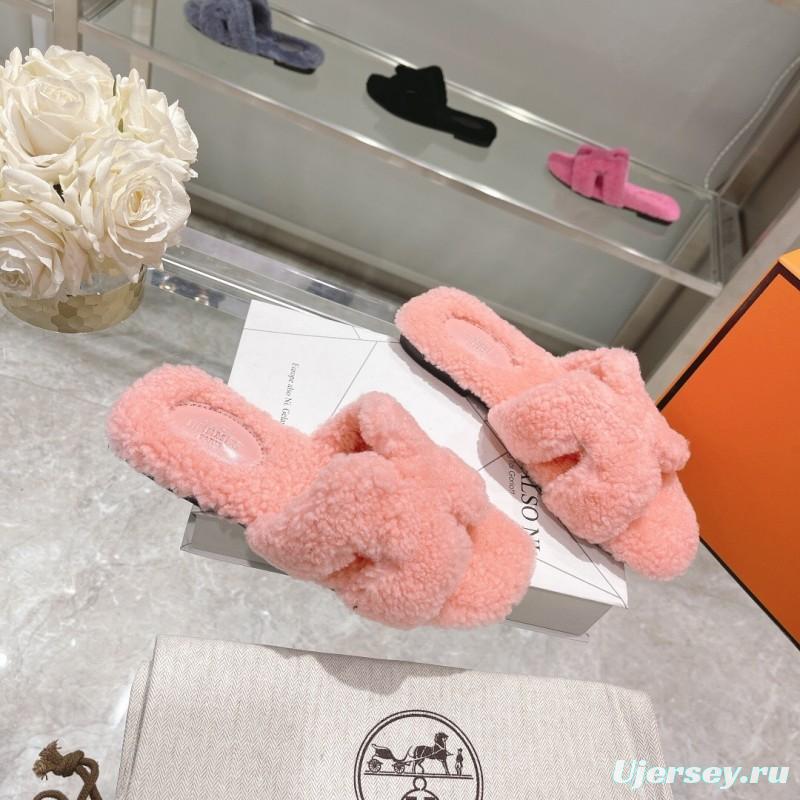 H Teddy Wool H Slippers Flat Sole Autumn Winter - LY00240