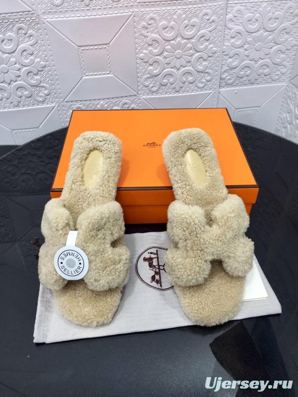 H Teddy Wool H Slippers Flat Sole Winter Home Shoes - LY00240