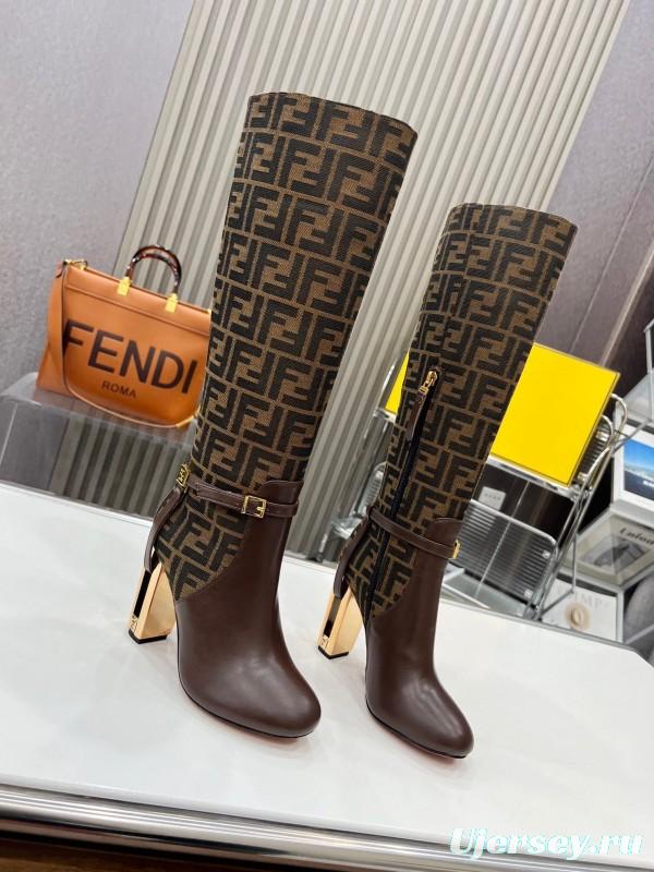 FENDI Delfina Round Toe Boots with FF Buckle and Heel Detailing - LY00