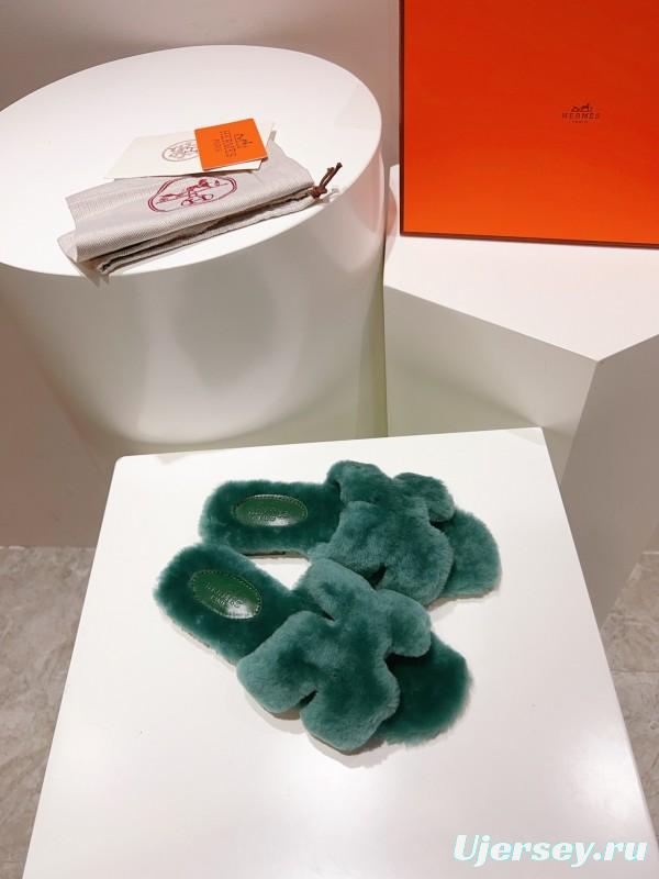 Hermès Teddy Wool H Slippers Flat Sole Fur Slides - LY00240
