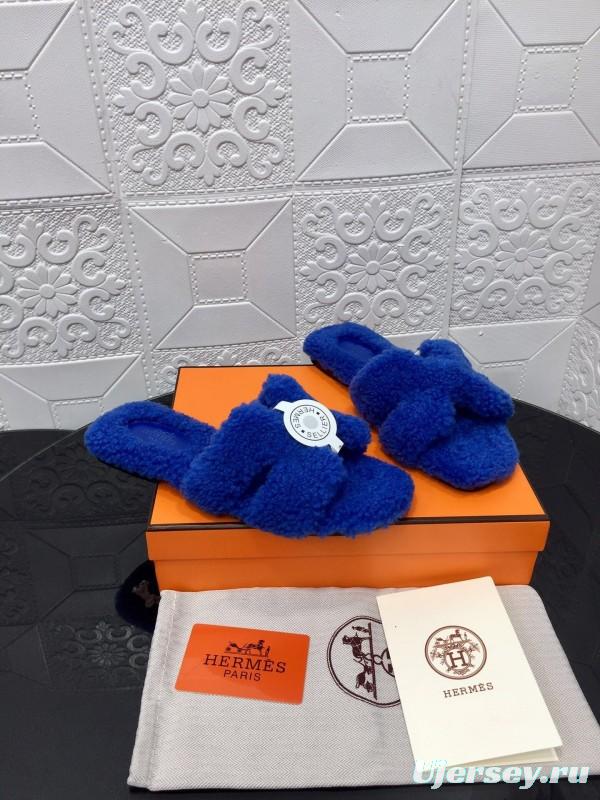H Hermes Teddy Wool H Slippers Flat Sole Fur Slides - LY00240