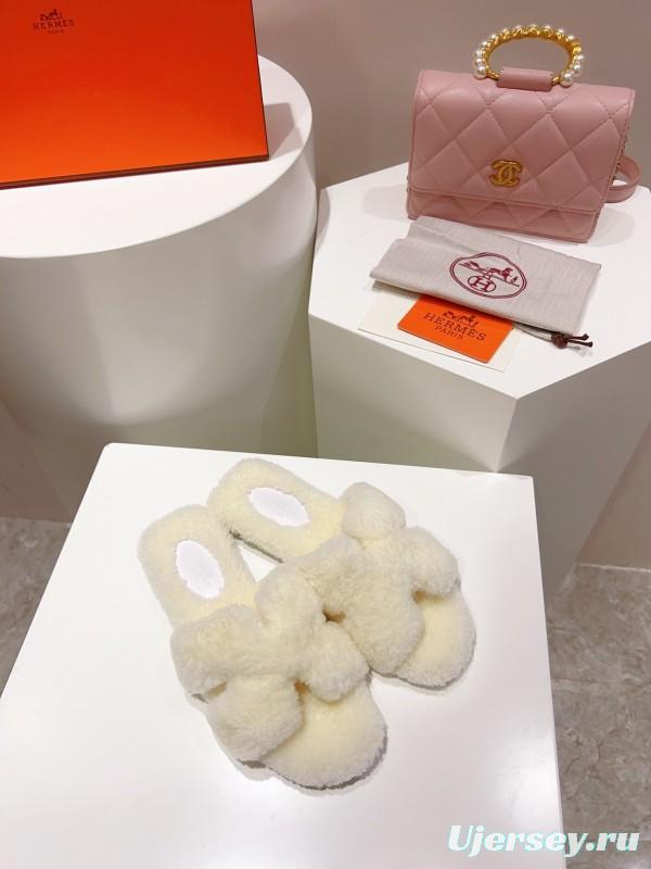 Hermes Teddy Wool H Slippers Flat Fur Slides - LY00240