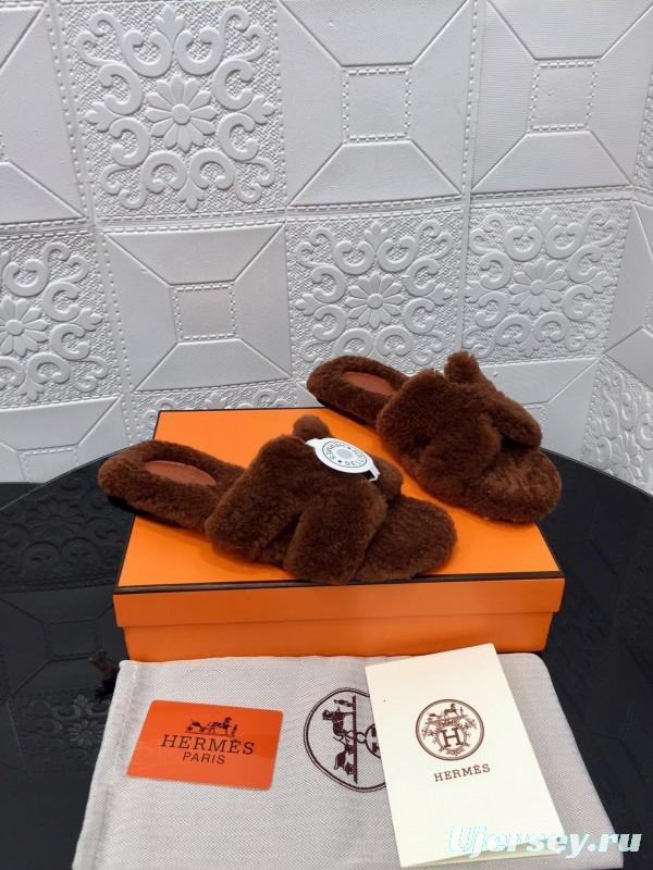 H Teddy Wool H Slippers Flat Sole Winter Fur Slippers - LY00240