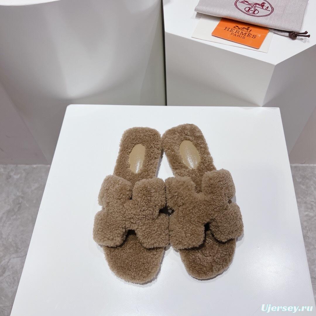 Hermès Teddy Wool H Slippers Flat Fur Slides - LY00240