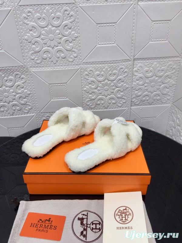 H Teddy Wool H Slippers Flat Sole Fur Slides - LY00240