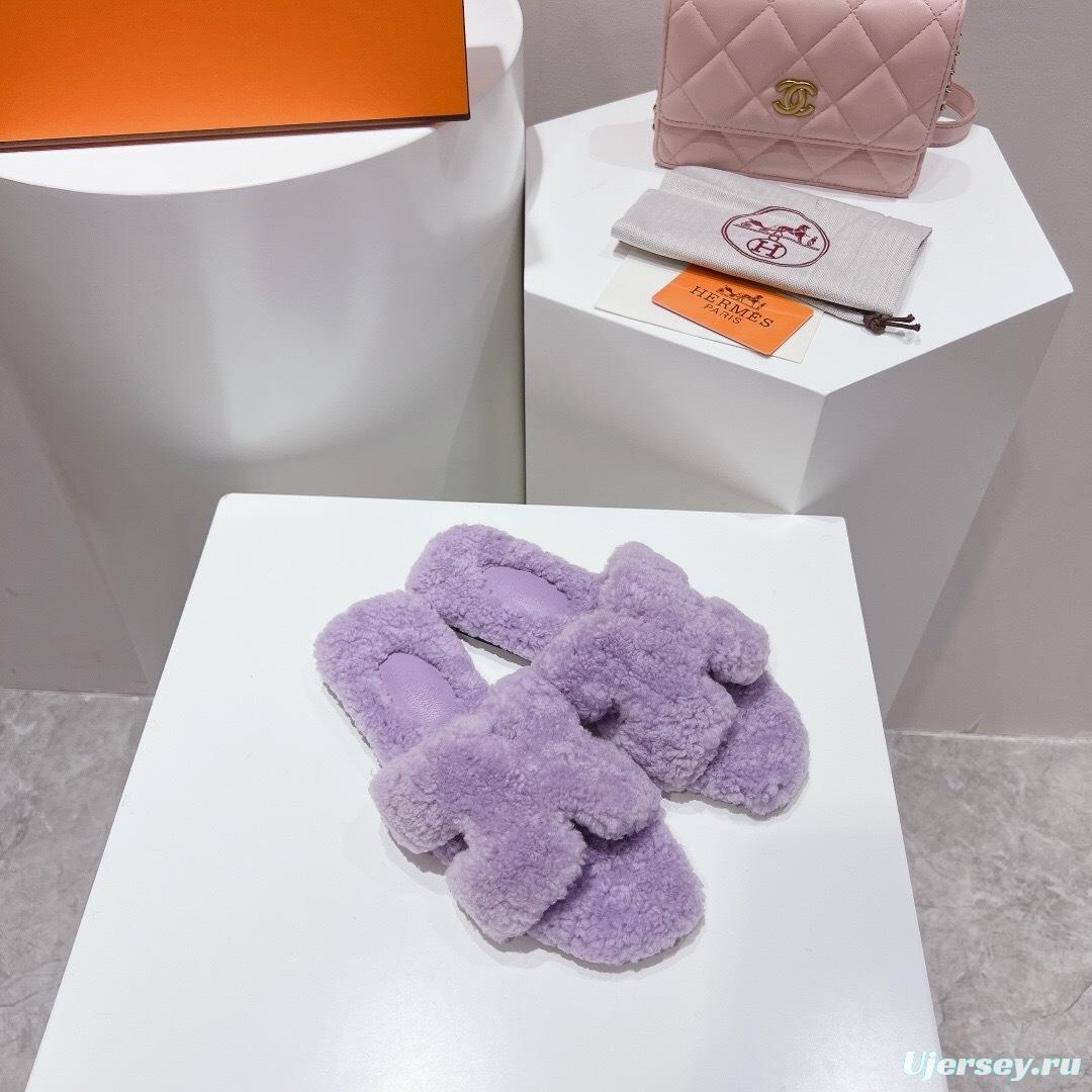 Hermès 2025 SS Teddy Wool H Slippers Flat Fur Slippers - LY00240
