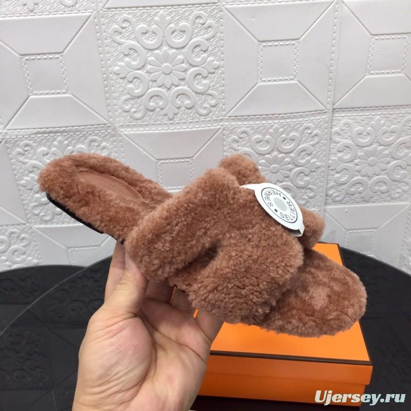 H Eiderdown Teddy Wool H Slippers Flat Sole Winter Home Shoes - LY00240