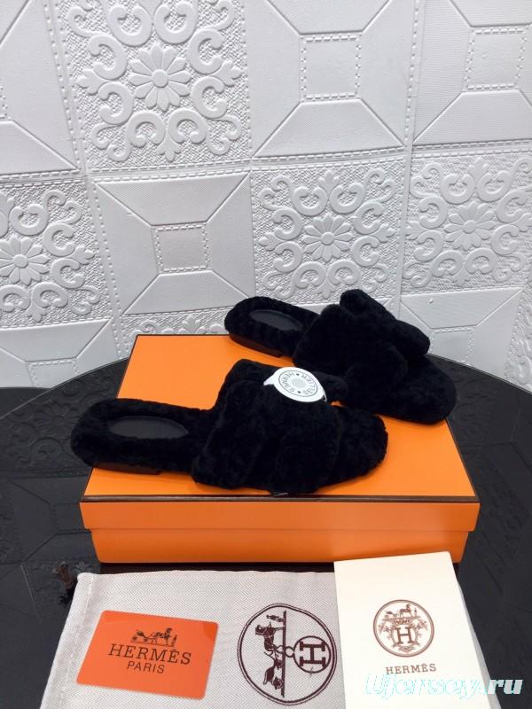 H Teddie Wool H Slippers Flat Sole Fur Slides - LY00240