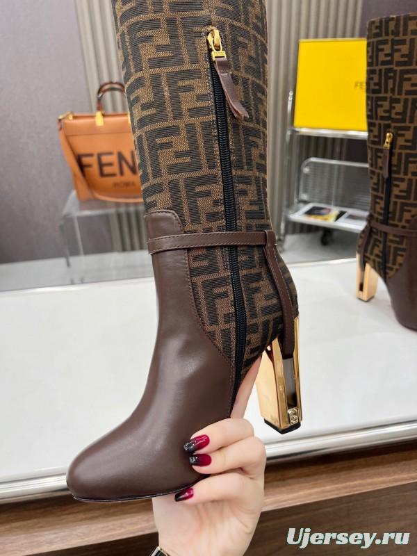 FENDI Delfina Round Toe Boots with FF Buckle and Heel Detailing - LY00