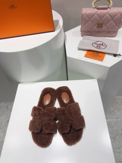 H Teddy Wool H Slippers Flat Sole Fur Slippers - LY00240