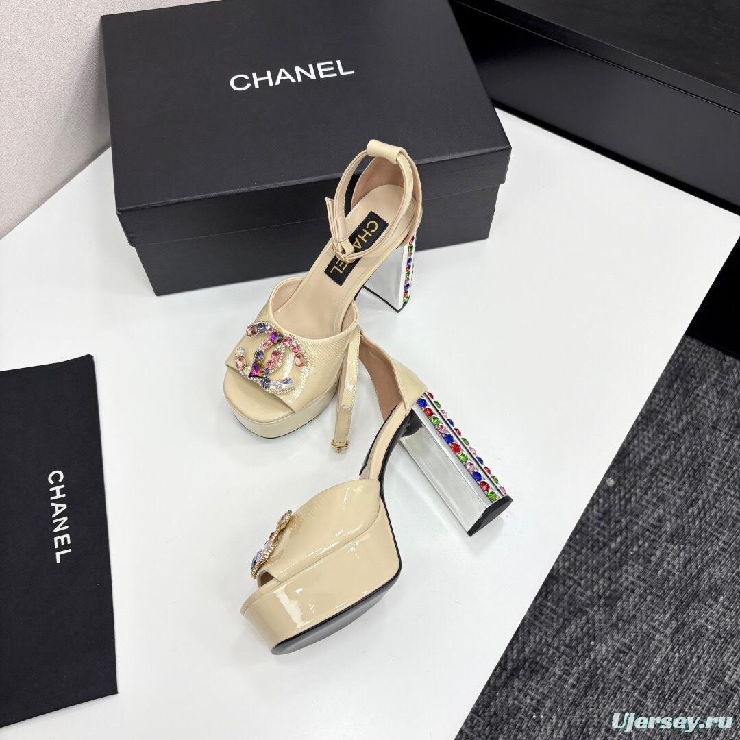 Adidas 2025/SS Little Fragrance Style Nightclub Color Diamond Chunky Heel Square Heel High Heel Waterproof Platform Back Strap Simple Sandals - KFY00350