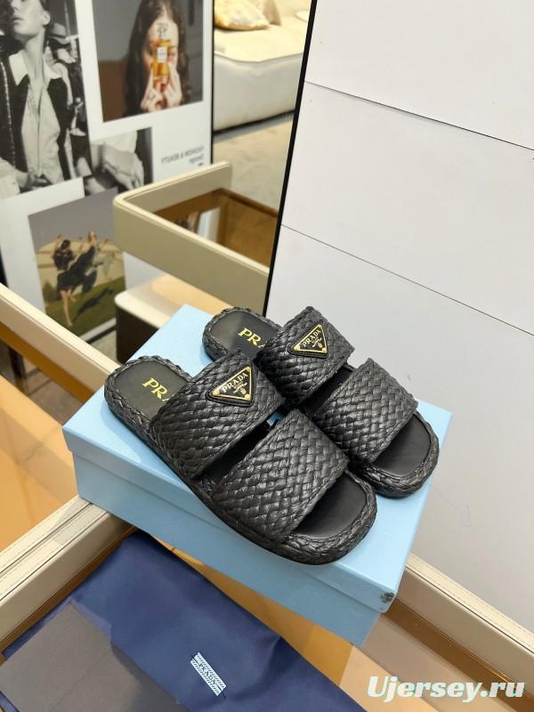 Prada 2025 SS Raffia Handwoven Open-Toe Sandals - KFY00260