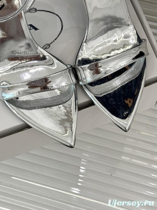 Prada 2025 SS Pointed Toe High Heel Sandals with Triangle Buckle - KFY00280