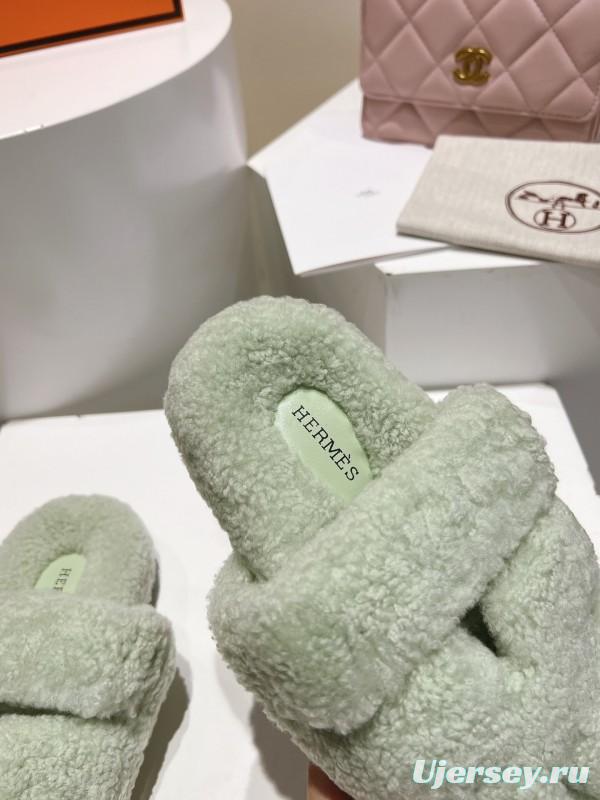 H Love Erjiu Full Wool Slippers with Slightly Curled Fur - LY00270