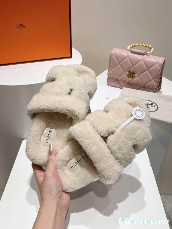 H Love Erjiu Full Wool Slippers with Wavy Fur Design - LY00270