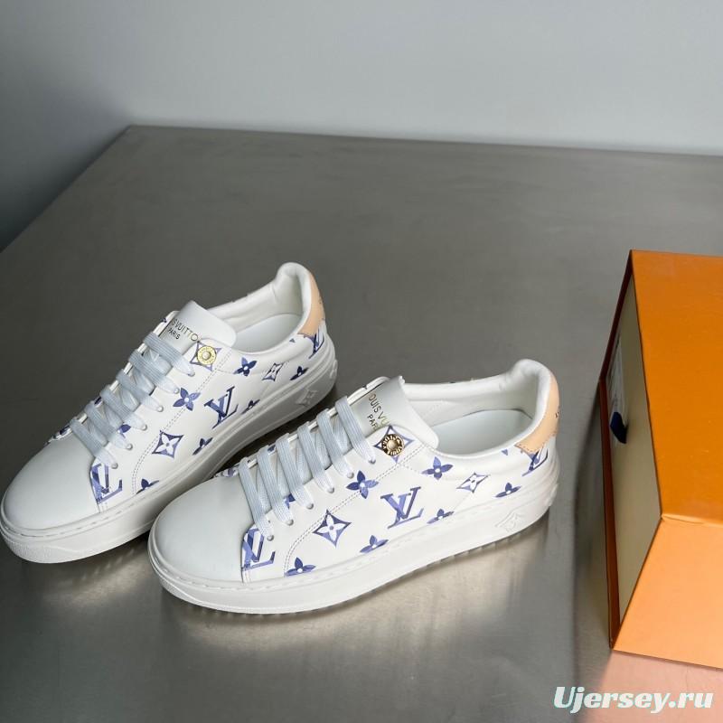 Louis Vuitton Time Out Cherry Blossom Collection Leather Round Toe Flat Low Top Sneakers Women's - YC