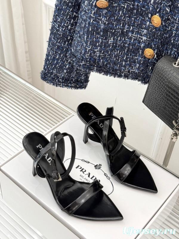 Prada 2025 SS Triangular Buckle Pointed Toe High Heel Sandals - KFY00280