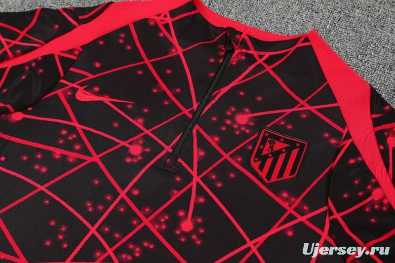 25/26 Atletico Madrid Black with Red Geometric Lines Pattern Half Zipper Jacket Tracksuit +Long Pants