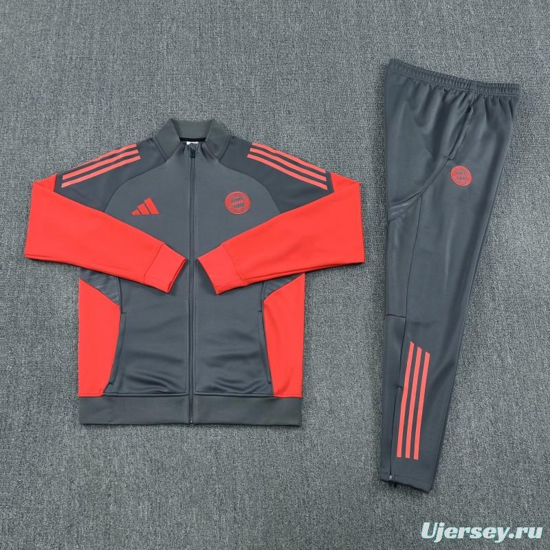 25/26 Bayern Munich Grey with Red Sleeves Half Zipper Jacket Tracksuit +Long Pants