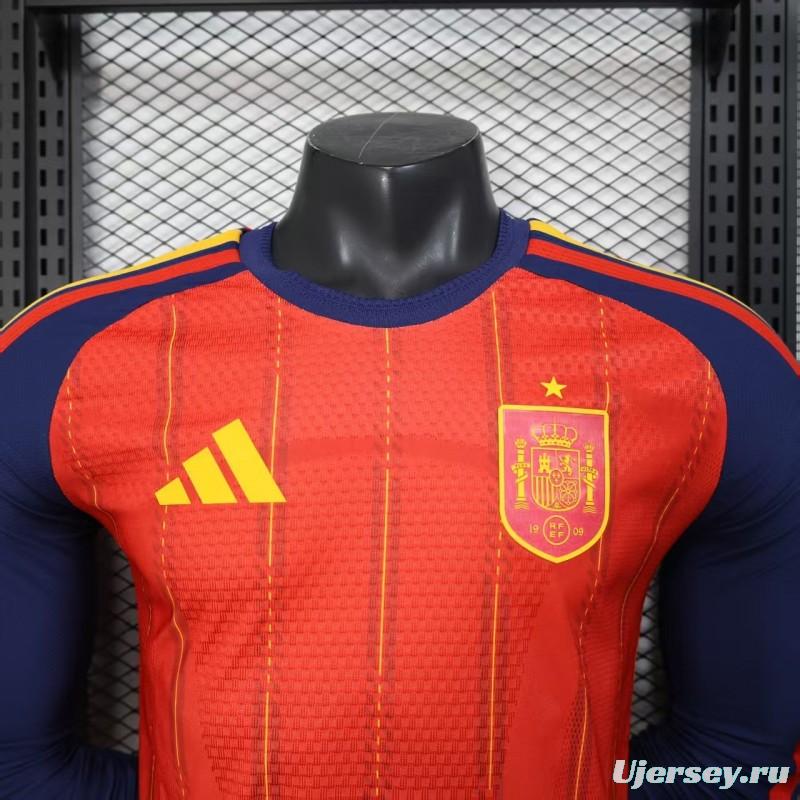 Player Version 2026 Spain Home Long Sleeve Red with Vertical Stripe Pattern Jersey