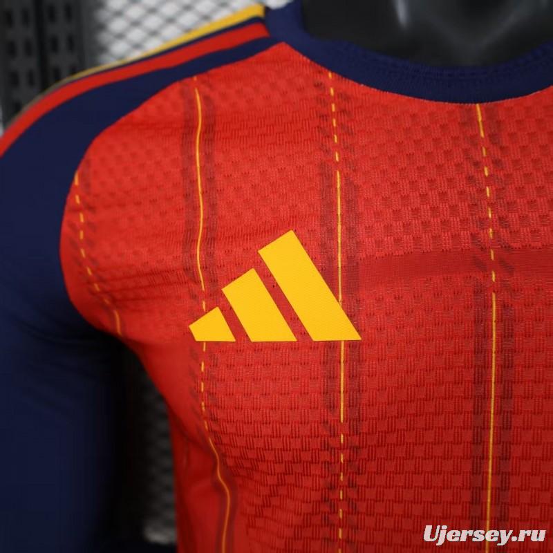 Player Version 2026 Spain Home Long Sleeve Red with Vertical Stripe Pattern Jersey