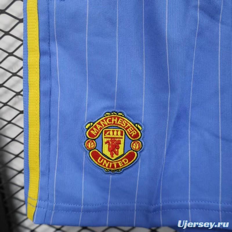 Retro Player Version  1990/91 Manchester United Third Sky Blue with Pinstripe Pattern Shorts