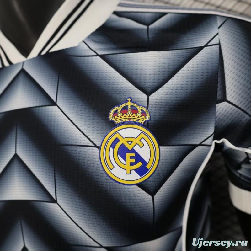Player Version  1988/89 Real Madrid Third Navy Blue with 3D Geometric Chevron Pattern Jersey