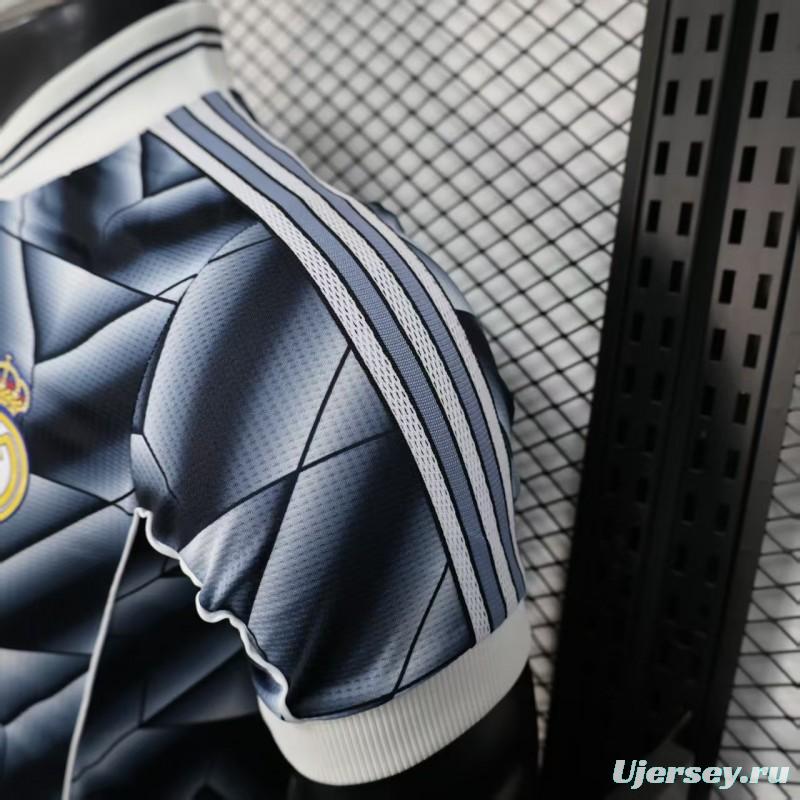 Player Version  1988/89 Real Madrid Third Navy Blue with 3D Geometric Chevron Pattern Jersey