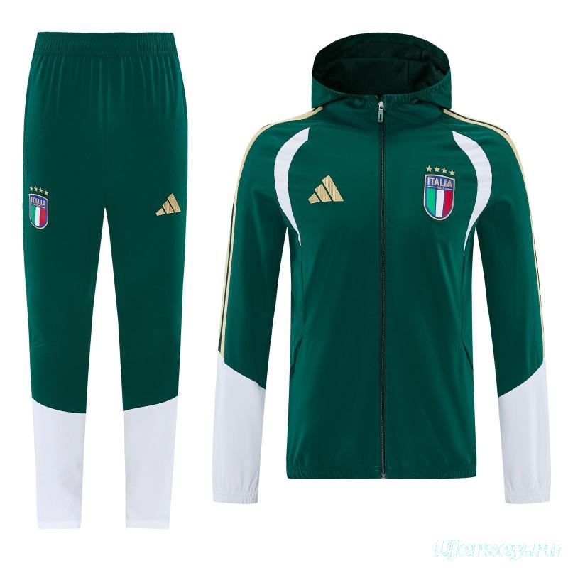 2026 Italy Green Hoodie Full Zipper Windbreaker + Long Pants