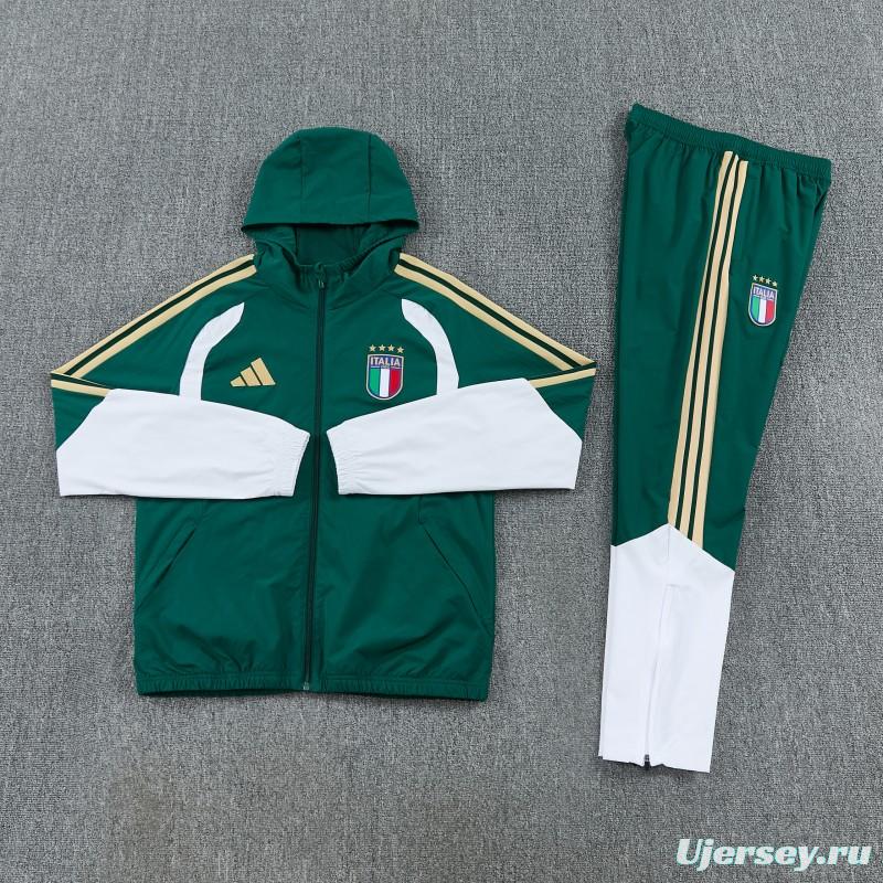 2026 Italy Green Hoodie Full Zipper Windbreaker + Long Pants
