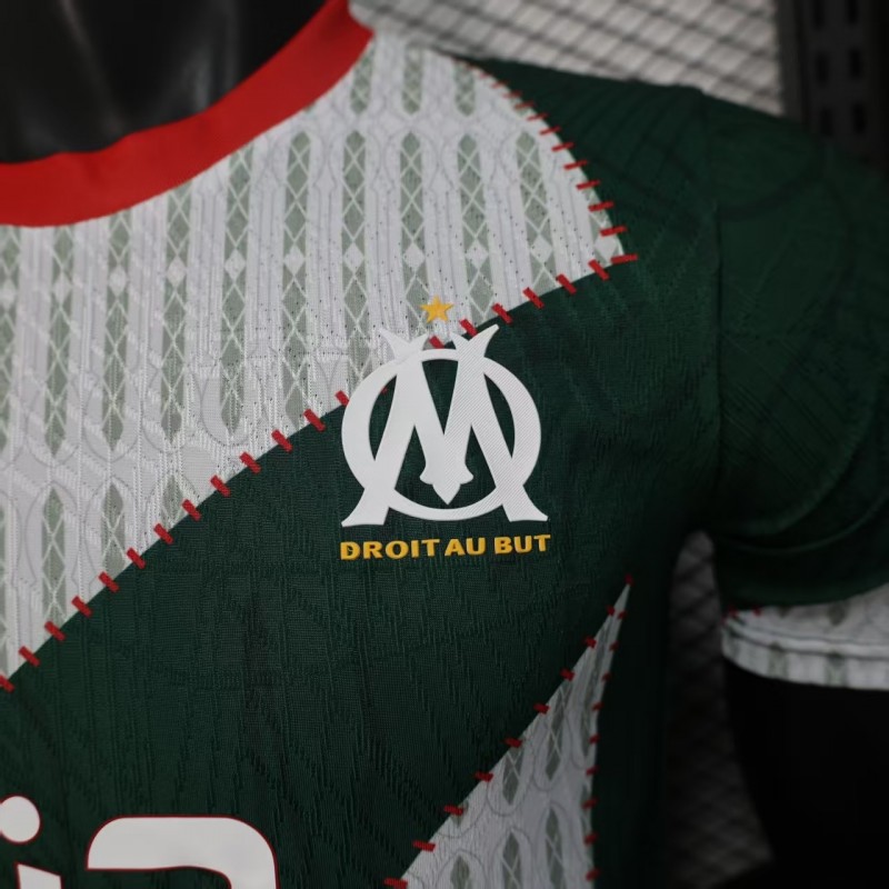 25/26 Player Version Marseille White and Green with Vertical Stripe and Dot Pattern Jersey