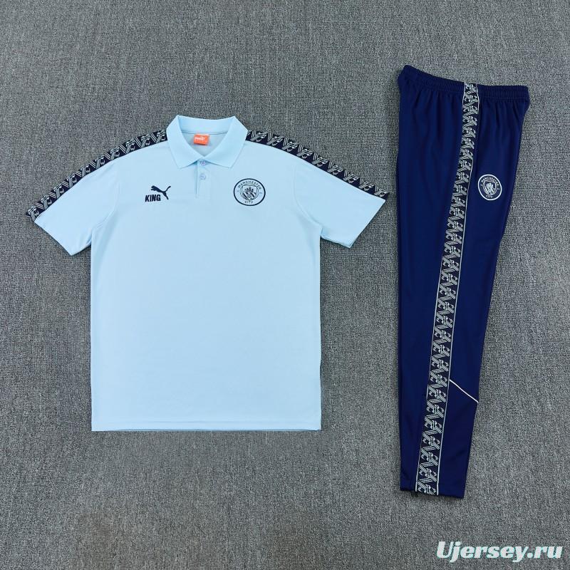 26/27 Manchester City Light Blue Polo Training Shirt + Long Pants Tracksuit