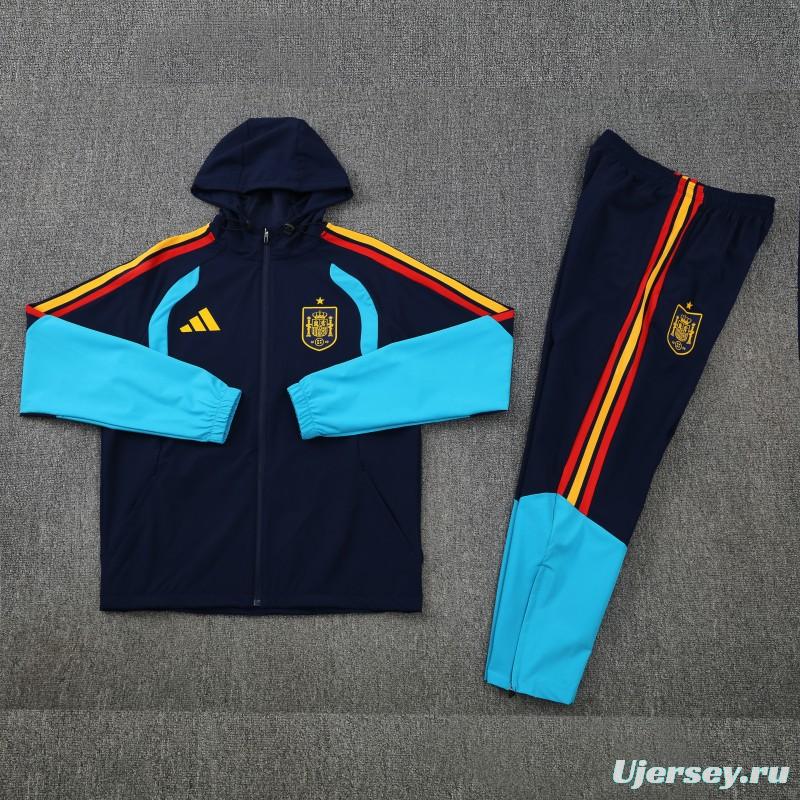 26/27  Spain Navy Blue & Light Blue Full Zipper Hooded Jacket Tracksuit + Long Pants