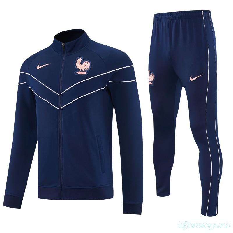 26/27 France Navy Blue Full Zipper Jacket Tracksuit +  Long Pants