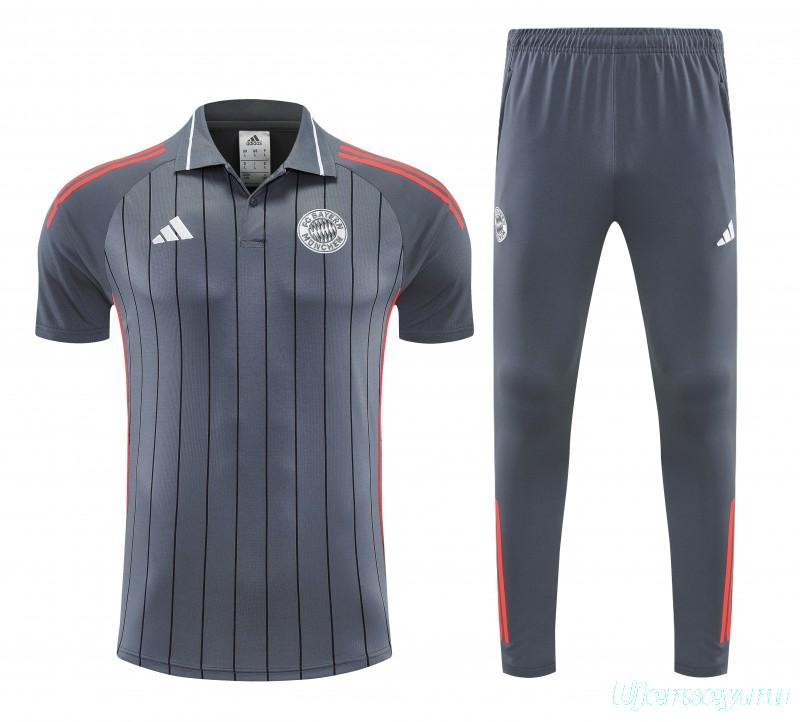 26/27  Bayern Munich Grey Stripes Polo Training Shirt + Long Pants Tracksuit