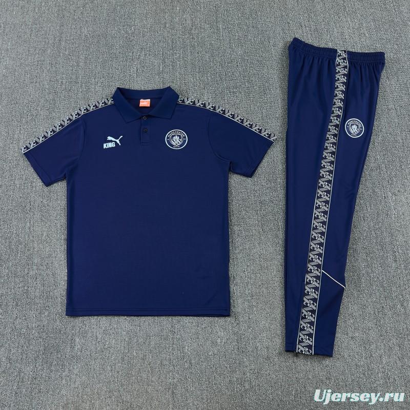 26/27 Manchester City Navy Blue Polo Training Shirt + Long Pants Tracksuit
