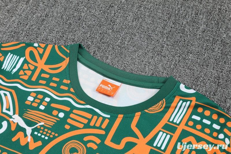 25/26 Côte d'Ivoire Green Tribal Print Short Sleeve Training Suit + Shorts