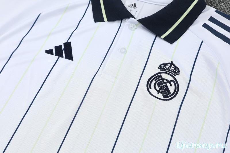 26/27   Real Madrid White Stripes Polo Training Shirt + Long Pants Tracksuit