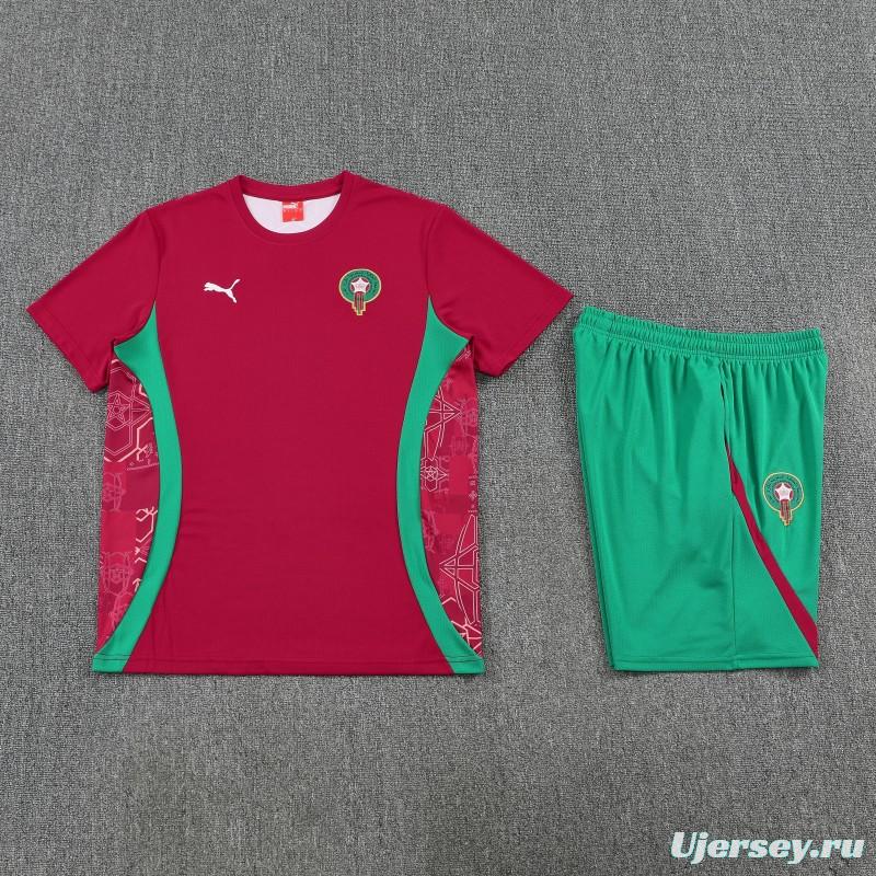 26/27 Morocco Red Short Sleeve+Green Soccer Shorts