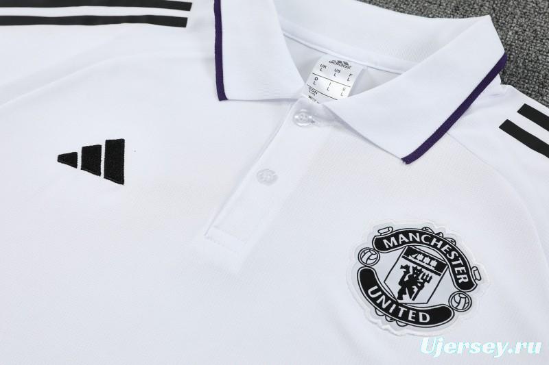 26/27  Manchester United White Polo Training Shirt + Long Pants Tracksuit